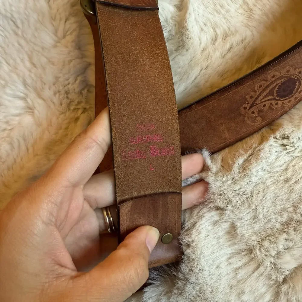 Vintage Y2K Lucky Brand Leather Tooled Embossed Brown Belt Paisley Pattern Sz L‎